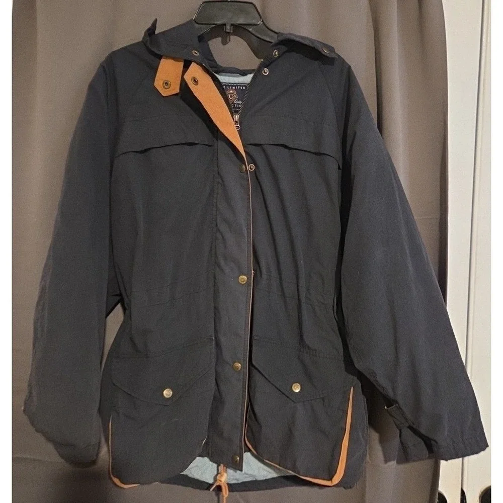 The Limited Men Navy Blue Hooded Parka Jacket Tan Trim Utility Field Coat Medium